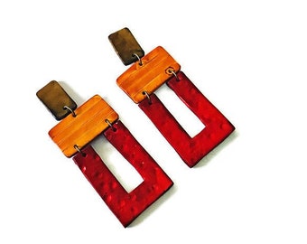 Extra Large Statement Earrings in Red Yellow Brown, Long Geometric Earrings Handmade from Polymer Clay & Alcohol Ink, Unique Gift for Friend