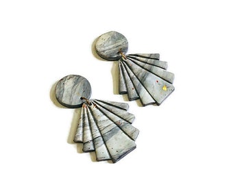 Marbled Clay Statement Earrings, Grey Granite Fan Earrings with Gold Flakes, Large Drop Dangles Lightweight, Modern Minimalist Bride Jewelry
