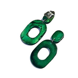 Emerald Green Clip On Earrings, Drop Hoop Earrings for Non Pierced Ears, Polymer Clay Jewelry Hand Painted, Handmade Gifts from Canada image 1