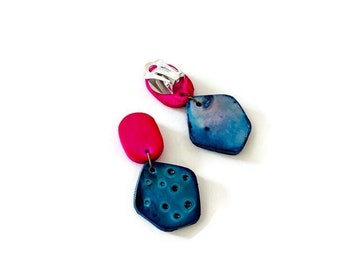 Dainty Clay Clip On Earrings for Non Pierced Ears, Small Drop Dangles for Women, Painted Boho Studs for Women, Unique Artsy Jewelry Gift