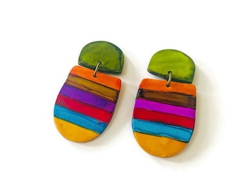Multi Color Clay Earrings with Stripes, Colorful Alcohol Ink Jewelry, Statement Drop Earrings Post or Clip On, Unique Valentines Day Gift
