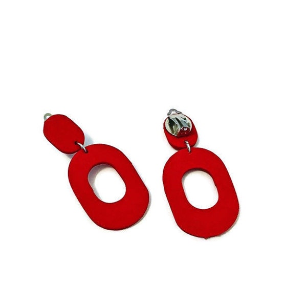 Red Clip On Earrings for Non Pierced Ears, Big Statement Earrings, Modern Drop Hoop Earrings Handmade from Polymer Clay, Birthday Gift Idea