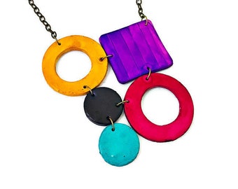 Colorful Statement Necklace for Women, Extra Large Pendant in Multi Color Geometric Style, Unique Artsy Fashion Jewelry, Mothers Day Gift