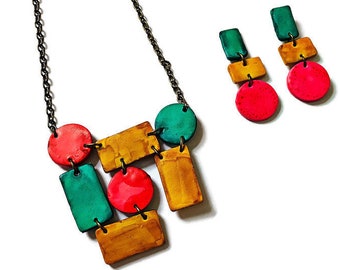 Geometric Jewelry Set with Statement Pendant Necklace & Long Colorful Earrings Post, Unique Wearable Art Handmade from Clay and Alcohol Ink