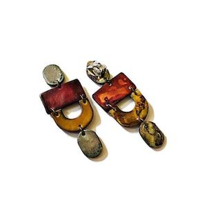Long Bohemian Clip On Earrings, Large Geometric Statement Drop Dangles Handmade from Polymer Clay & Painted, Modern Contemporary Jewelry