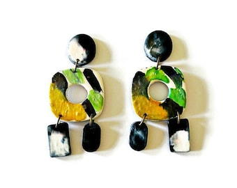 Abstract Statement Earrings Handmade from Polymer Clay & Hand Painted, Long Drop Dangles in Black White Green Yellow, Unique Gift for Friend