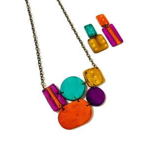 Colorful Statement Necklace Handmade from Clay & Painted. Bold Geometric Pendant, Retro Abstract Jewelry, Unique Artsy Gift for Artist Mom image 5