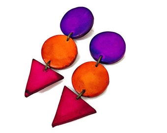 Multicolored Statement Earrings, Long Geometric Earrings, Bold Painted Jewelry for Women, Clip On Earrings in Purple Burnt Orange & Hot Pink