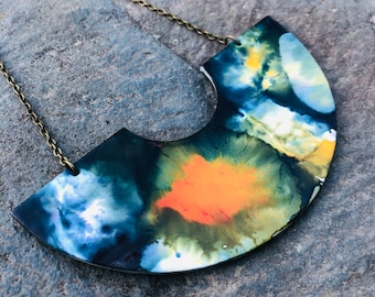 Abstract Statement Necklace, Unique Bib Necklace for Women, Polymer Clay Jewelry Hand Painted with Alcohol Ink in Dirty Pour Style, Mom Gift