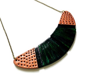 Forest Green Statement Necklace with Black & Copper Accents, Wide Bib Necklace, Painted Polymer Clay Jewelry, Unique Birthday Gift Wife
