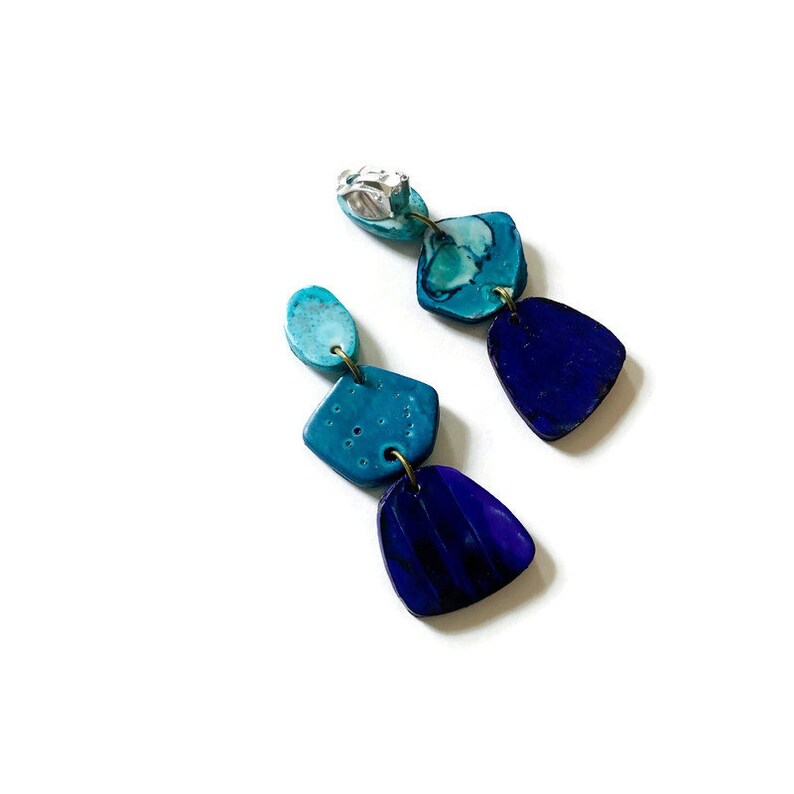 Tri Tone Blue Statement Earrings, Unique Handmade Earrings, Polymer Clay Alcohol Ink Earrings, Trendy Drop Dangles with Post or Clip Ons Non Pierced Clips