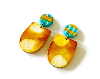 Abstract Painted Clip On Earrings Handmade, Polymer Clay Earrings in Yellow Turquoise & White. Pastel Aesthetic Jewelry, Mothers Day Gift