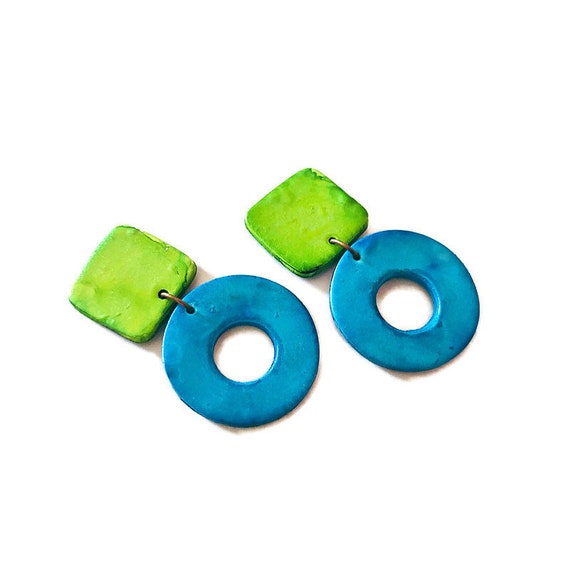 Large Funky Earrings Neon Blue Green 70s 80s Drop Dangles