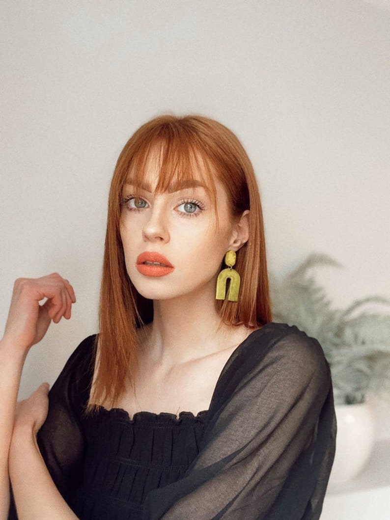 Modern Clip On Earrings Black Large Dangle Earrings Birthday Gift for Best Friend Gothic Earrings Handmade Polymer Clay Arch Earrings