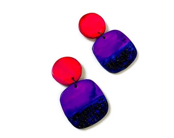 Tri Tone Statement Earrings in Pink Purple Blue, Unique Earrings Handmade from Polymer Clay & Alcohol Ink, Trendy Fashion Jewelry Women