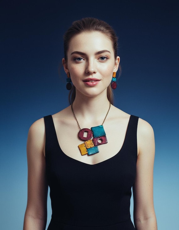Chunky Statement Necklace, Big Bold Jewelry for Women, Polymer Clay Jewelry Painted Teal Mustard Maroon, 50th Birthday Gift, Work from Home