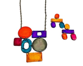 Colorful Statement Jewelry Set with Geometric Necklace & Mismatched Earrings, Bold Artsy Gift for Women, Unique Handmade Jewelry