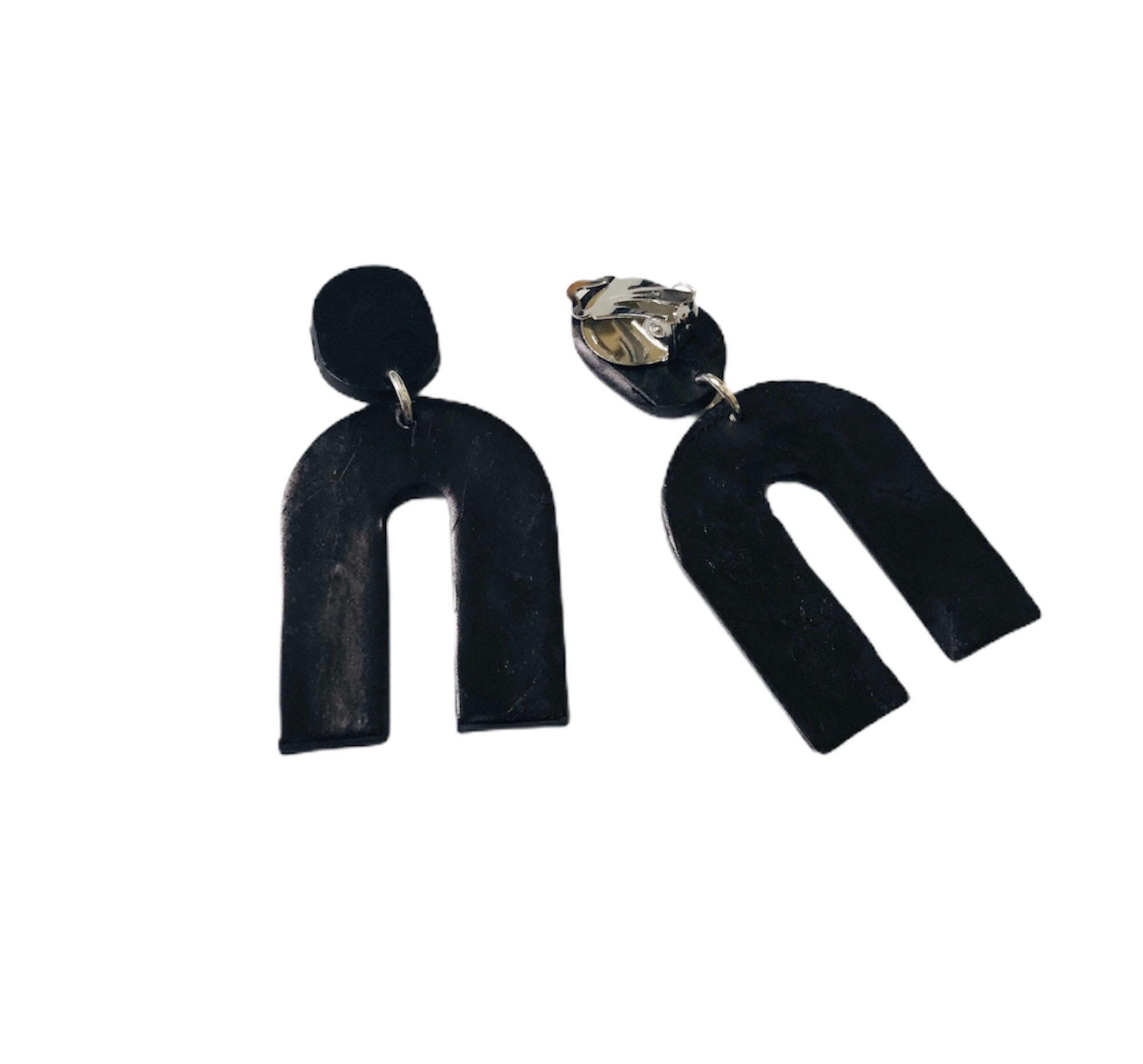 Modern Clip on Earrings Black Large Dangle Earrings Polymer Etsy