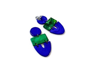 Big Clip On Earrings in Forest Green & Royal Blue, Large Drop Dangles, Polymer Clay Earring Non Pierced Ears, Lightweight Hypoallergenic