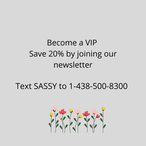 May include: Become a VIP and save 20% by joining our newsletter. Text SASSY to 1-438-500-8300. Illustration of a row of pink, yellow, and red flowers with green stems.