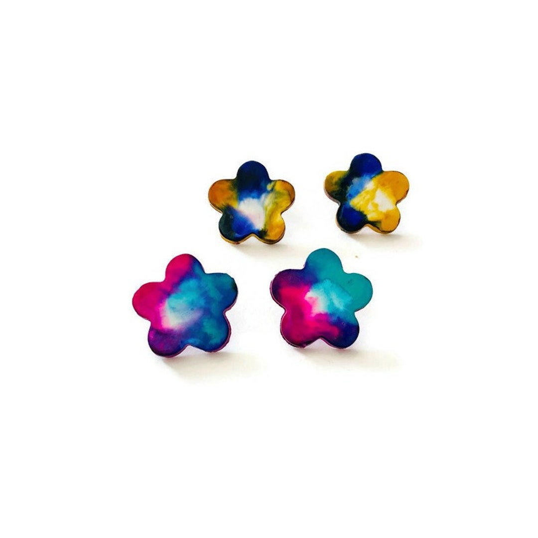 Colorful Floral Stud Earring Set of 2 Pairs Alcohol Ink Etsy