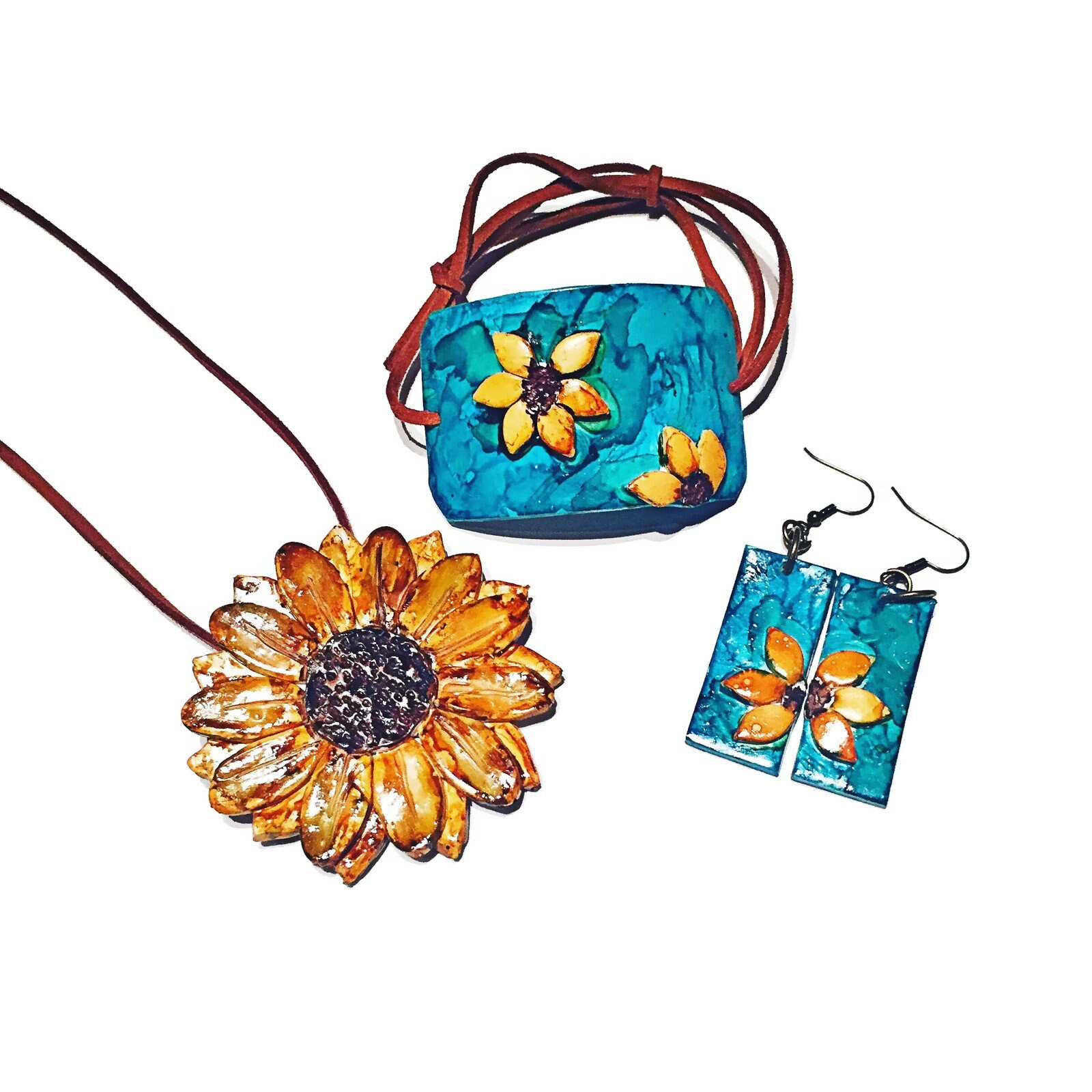 Sunflower Jewelry Set Sunflower Pendant Necklace Artisan Etsy
