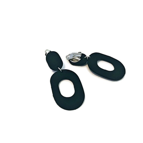 Polymer Clay Clip On Earrings Black, Large Drop Hoop Earrings
