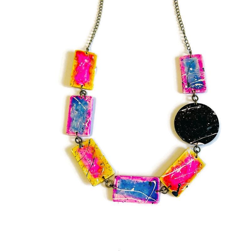 Multi-Shape Statement Necklace, Polymer Clay Bib Painted with Alcohol Ink