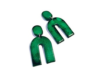 Emerald Green Arch Statement Earrings, Polymer Clay Earrings, Large Drop Dangles or Invisible Clip On, Hand Painted Earrings, Modern Jewelry