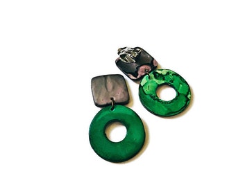 Forest Green Clip On Earrings with Circle Hoop, Polymer Clay Drop Dangles Handmade in Canada, Hand Painted Oversized Studs