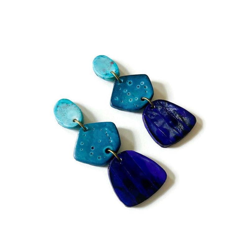Tri Tone Blue Statement Earrings, Unique Handmade Earrings, Polymer Clay Alcohol Ink Earrings, Trendy Drop Dangles with Post or Clip Ons image 5