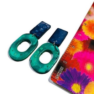 Bold Statement Earrings Turquoise & Purple, Extra Long Earrings with Geometric Design, Painted Polymer Clay Jewelry, Unique Gift for Women image 5