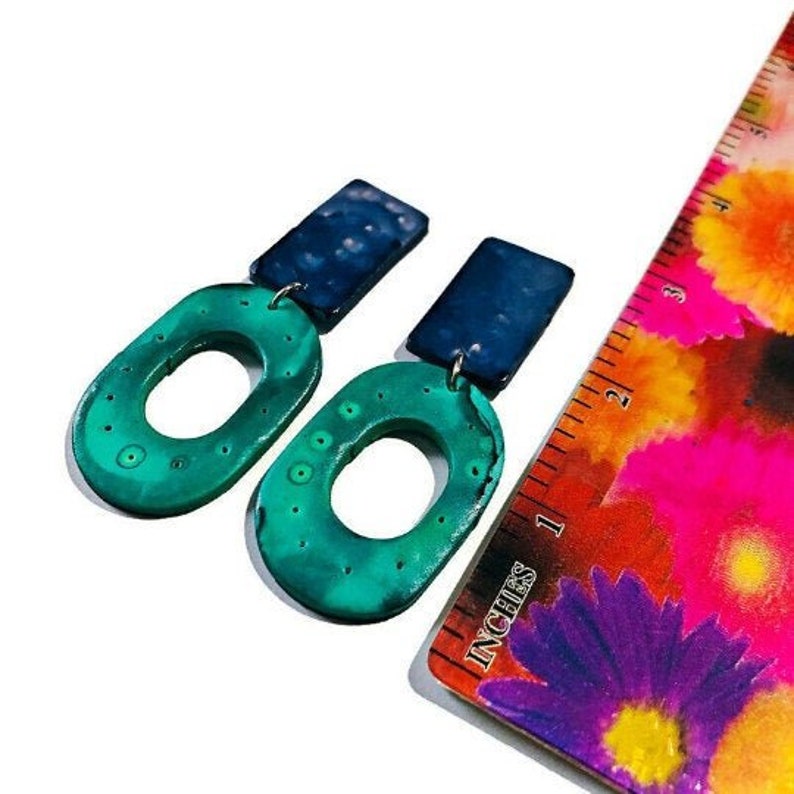 Bold Statement Earrings Turquoise & Purple, Extra Long Earrings with Geometric Design, Painted Polymer Clay Jewelry, Unique Gift for Women image 5