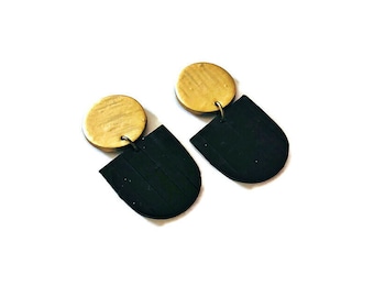 Gold Black Minimalist Earrings Handmade from Polymer Clay & Painted, Modern Fan Studs or Clip Ons, Art Deco Jewelry Handmade Gift for Women