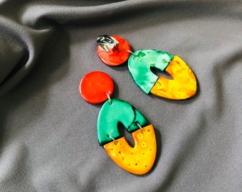 Trendy Clip On Earrings for Non Pierced Ears, Multi Color Polymer Clay Statement Earrings, Unique Artsy Gift for Friend, Oversized Dangles