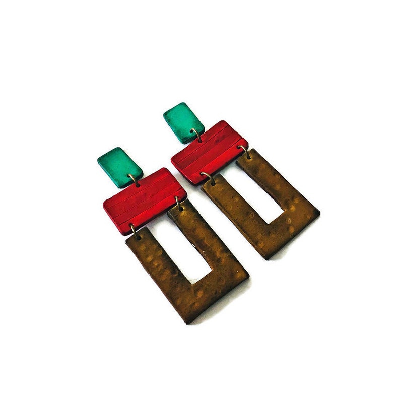 Long Clip On Earrings with Multicolored Geometric Style. Bold Statement Drop Dangles for Non Pierced Ears, Painted Polymer Clay Jewelry image 7