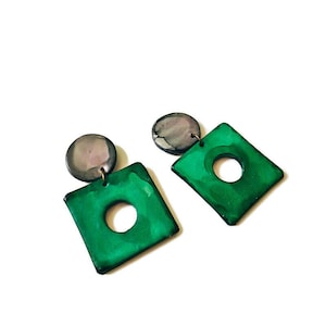 Large Green Statement Earrings, Big Square Hoop Earrings, Oversized Statement Studs or Clip Ons, Autumn Fashion, Birthday Gift for Sister