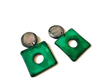 Large Green Earrings, Big Square Hoops, Rustic Fall Jewelry for Women, Hypoallergenic Post or Clip Ons, Modern Contemporary Fashion Women