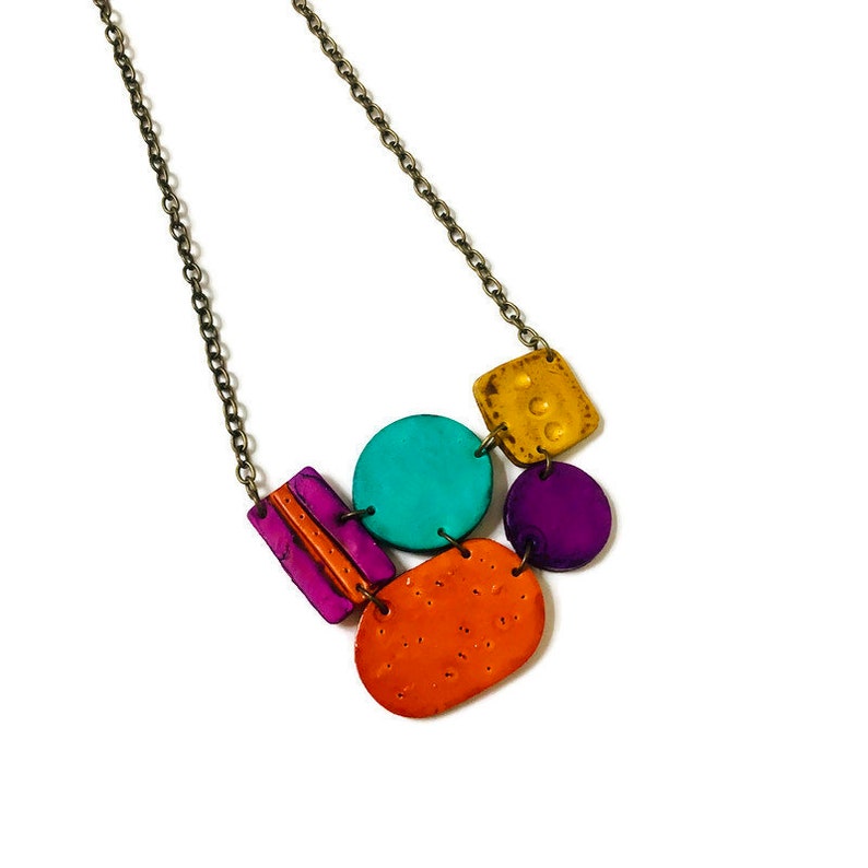 Colorful Statement Necklace Handmade from Clay & Painted. Bold Geometric Pendant, Retro Abstract Jewelry, Unique Artsy Gift for Artist Mom Necklace