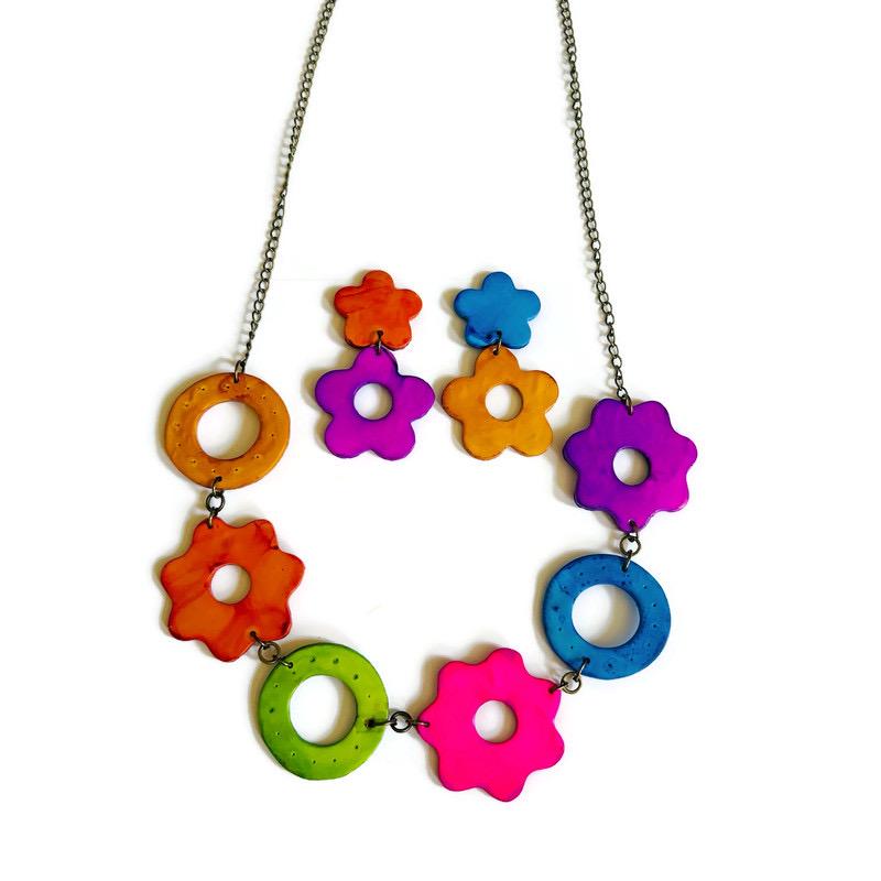 Colorful Floral Jewelry Set with Beaded Necklace & Statement Earrings, Bright Summer Fashion Handmade in Canada, Birthday Gift Mom Sister