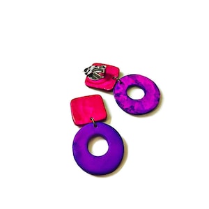 Colorful Clip On Earrings Purple & Pink, Two Tone Polymer Clay Earrings Painted with Alcohol Ink, Bold Boho Jewelry Handmade, Unique Gift