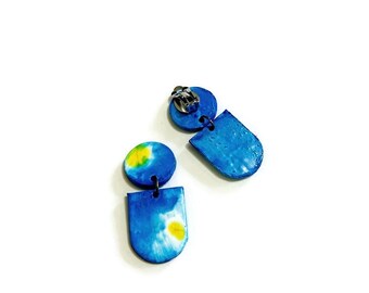 Blue Abstract Clip On Earrings, Artsy Alcohol Ink Earrings, Painted Polymer Clay Jewelry, Unique Mothers Day Gift for Mom, Wearable Art