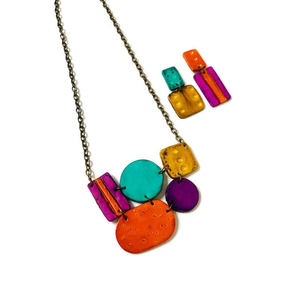 Bold Colorful Retro Jewelry Set with Geometric Necklace & Mismatched Asymmetric Earrings Handmade from Polymer Clay, Christmas Gift