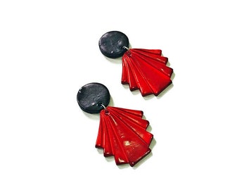 Red & Black Statement Earrings, Large Art Deco Earrings Handmade from Polymer Clay and Painted, Modern Geometric Jewelry for Wedding