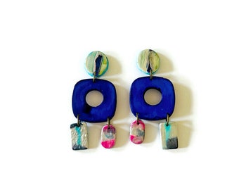 Big Statement Earrings in Royal Blue & Colorful Accents, Painted Alcohol Ink Jewelry Handmade, Extra Long Dangle Earrings, Unique Gift Mom