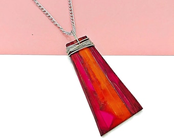 Pink Orange Boho Necklace, Polymer Clay & Alcohol Ink Jewelry, Colorful Striped Pendant, Unique Artisan Jewelry, 30th Birthday Gift for Her