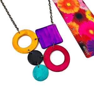 Colorful Statement Jewelry Set Geometric Necklace & Large Hoop Earrings Post or Clip On Handmade from Polymer Clay Painted Bold Bright image 4