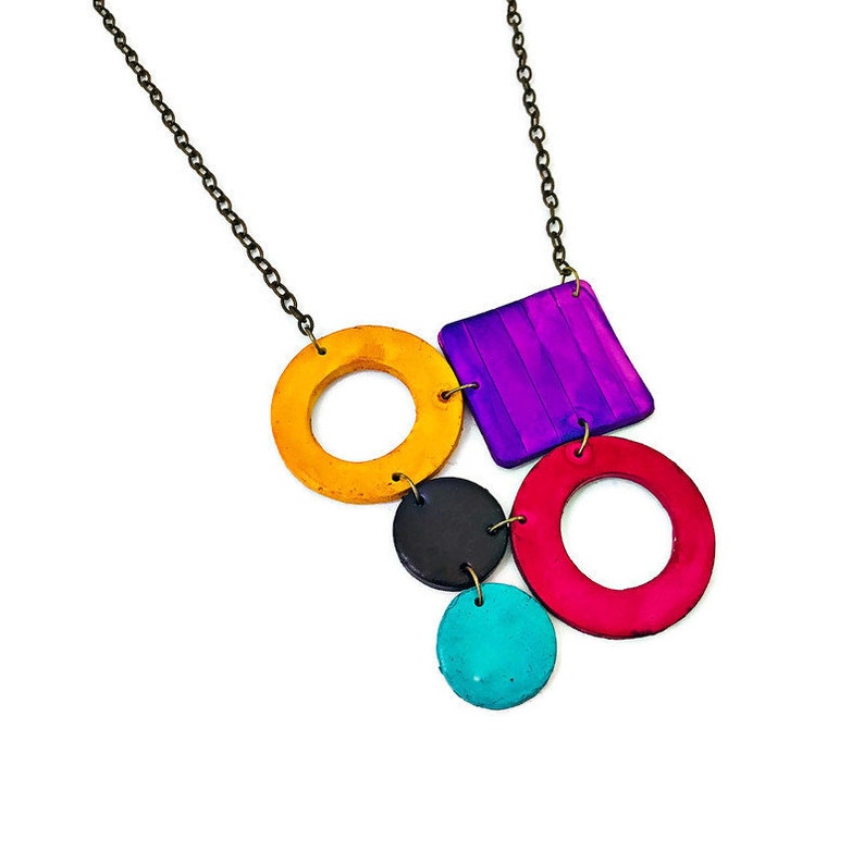 Colorful Statement Jewelry Set Geometric Necklace & Large Hoop Earrings Post or Clip On Handmade from Polymer Clay Painted Bold Bright image 2