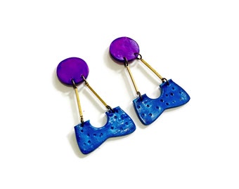 Art Deco Dangle Earrings in Royal Blue & Purple, Clay Statement Earrings, Extra Long Post Earrings, Bold Artsy Jewelry Handmade, Unique Gift