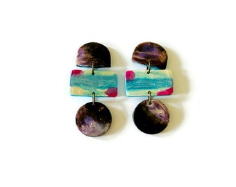 Abstract Statement Earrings Handmade, Polymer Clay Earrings Painted Black, White, Turquoise & Pink. Long Geometric Dangles, Unique Jewelry